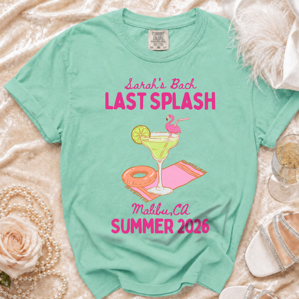 T-shirt with "Sarah's Bach Last Splash Malibu, CA Summer 2026" and flamingo graphic.
