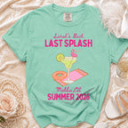 T-shirt with "Sarah's Bach Last Splash Malibu, CA Summer 2026" and flamingo graphic.