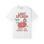 White t-shirt with "Last Splash" and flamingo float design, Malibu, CA, Summer 2026.