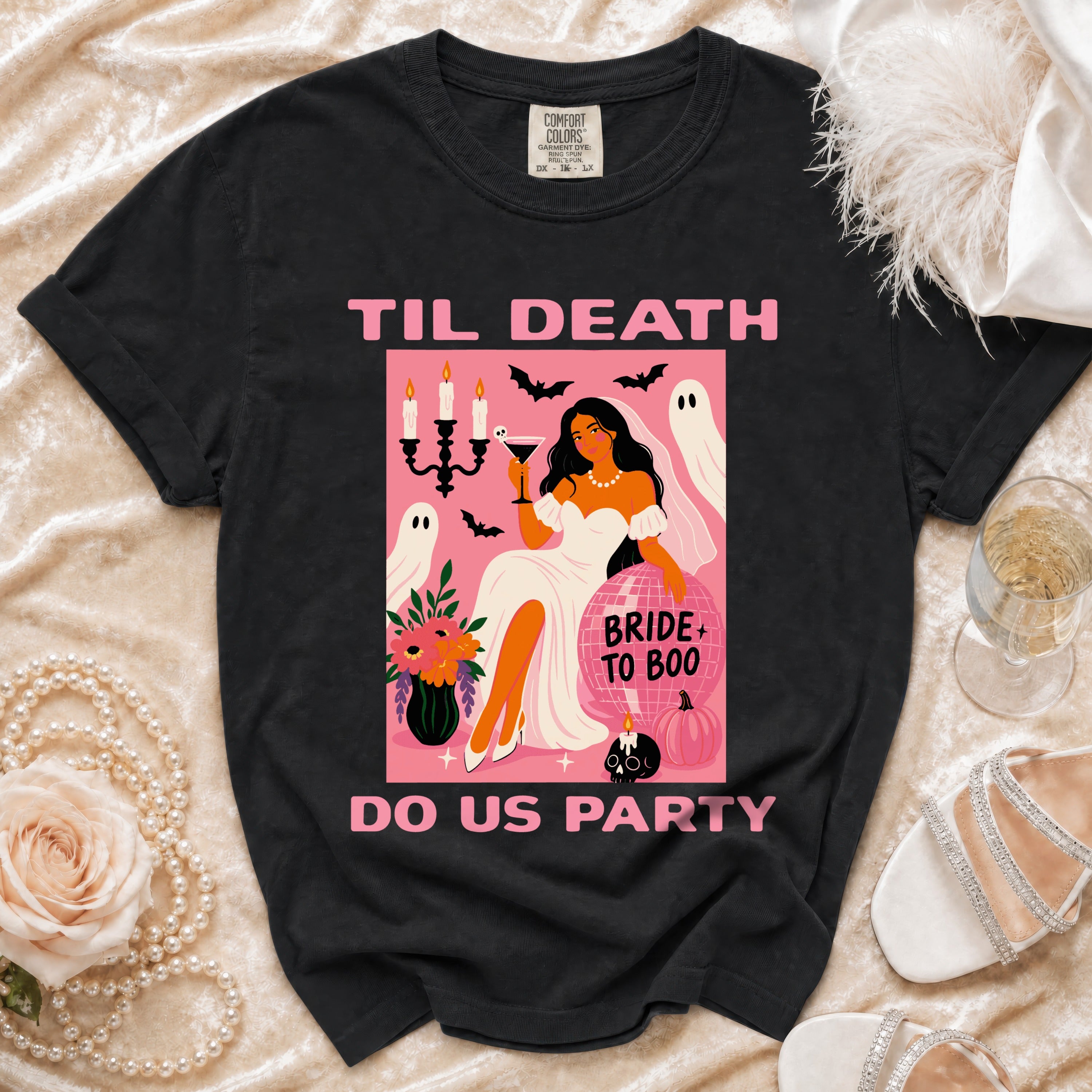 Black t-shirt with "Til Death Do Us Party" and bride graphic.