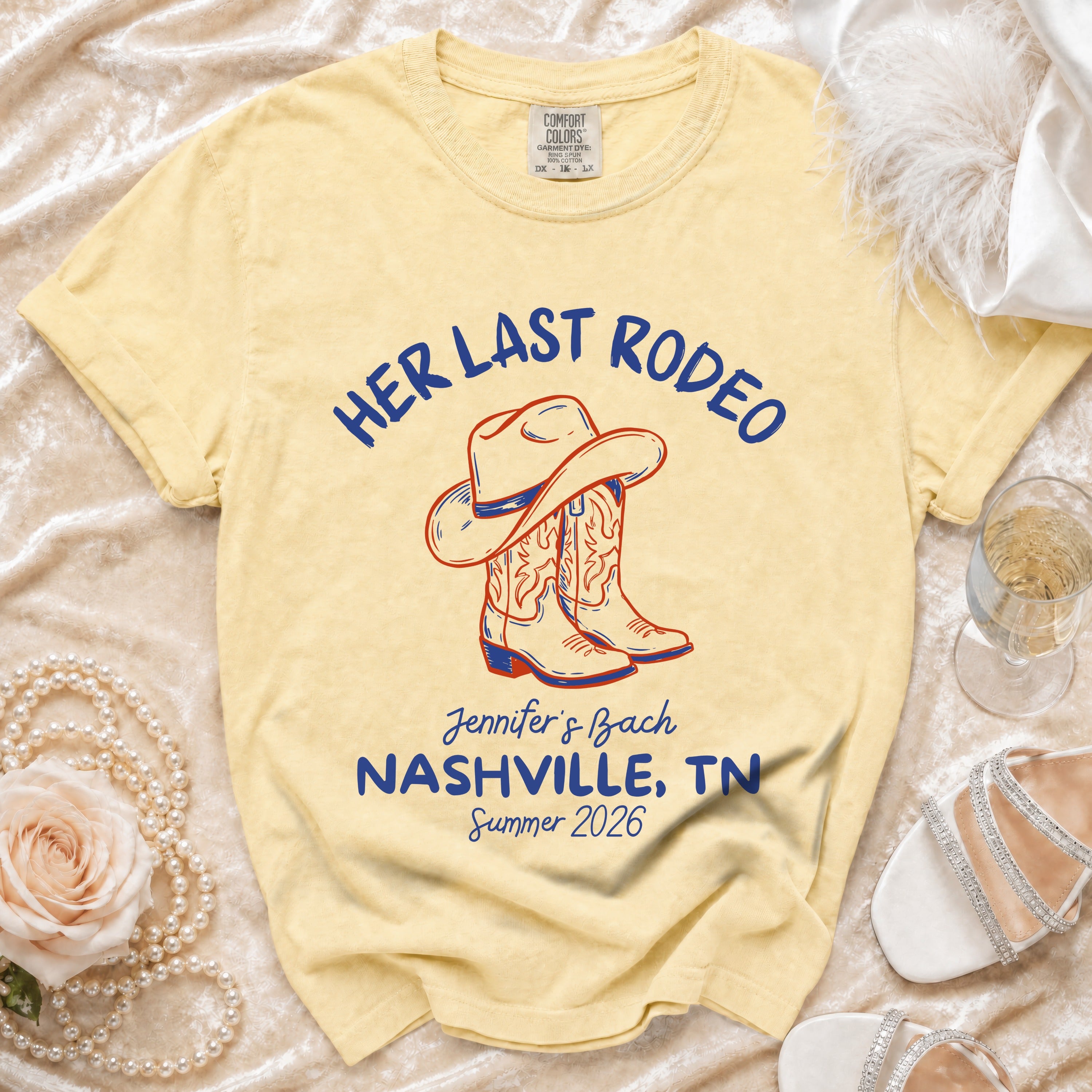 Yellow t-shirt with "Her Last Rodeo" and bachelorette details.