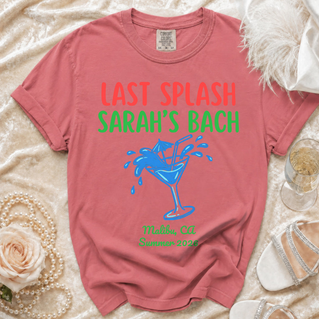 Crimson t-shirt with "Last Splash Sarah's Bach" and cocktail graphic.