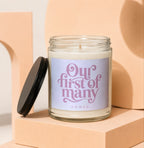 Glass jar candle with "Our first of many VOWED" text on a lavender label.