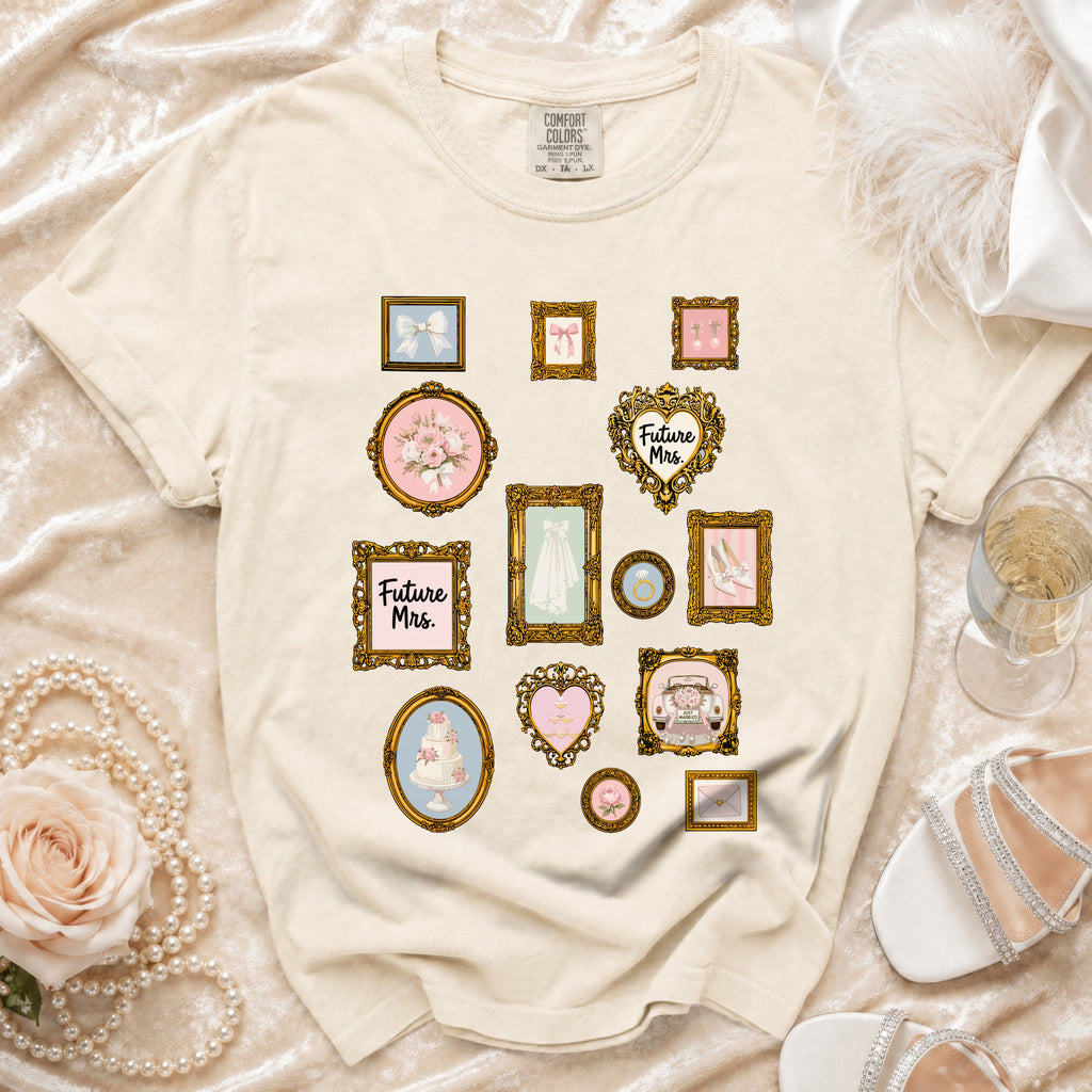 Cream t-shirt with gold-framed wedding illustrations and "Future Mrs." text.