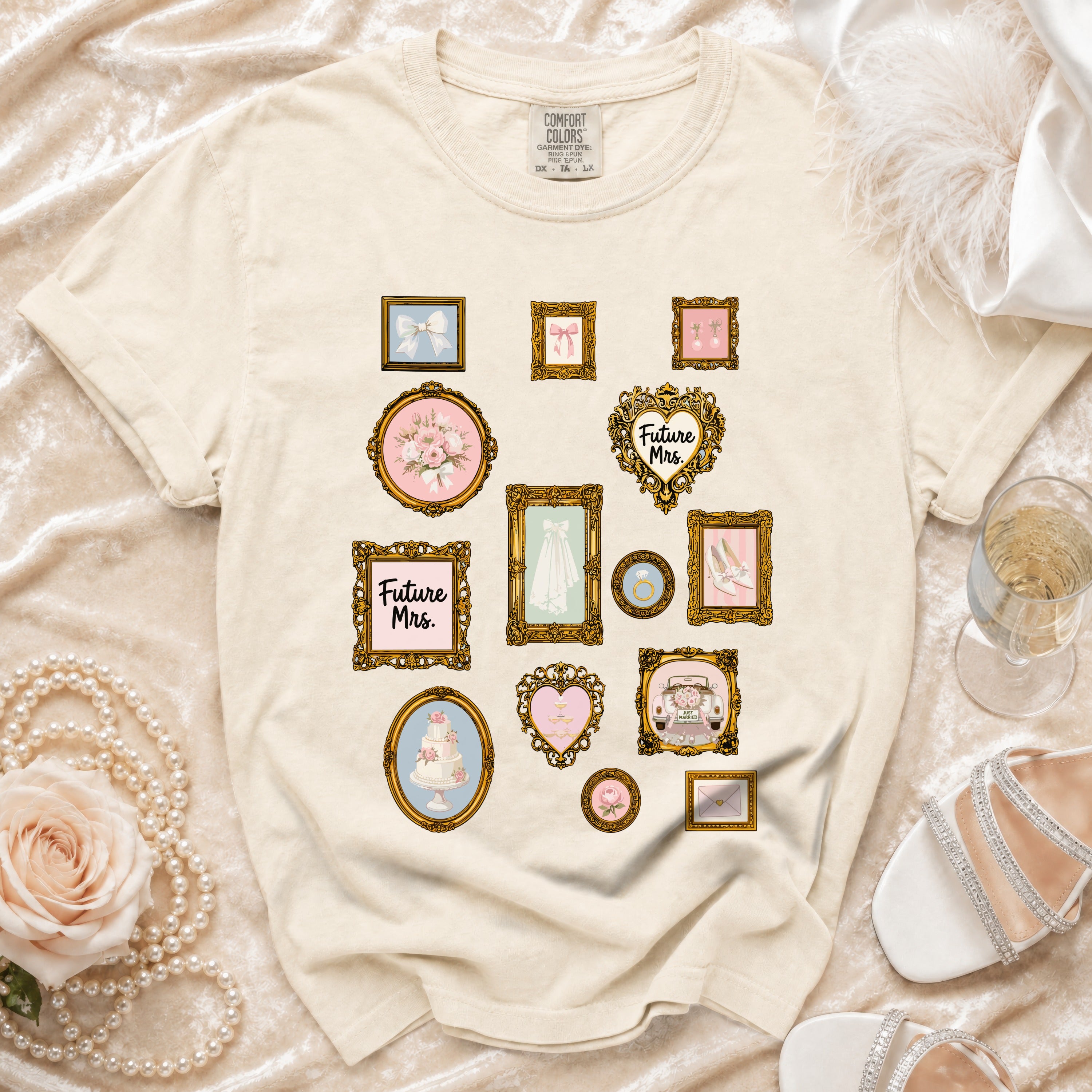 Cream t-shirt with gold-framed wedding illustrations and "Future Mrs." text.