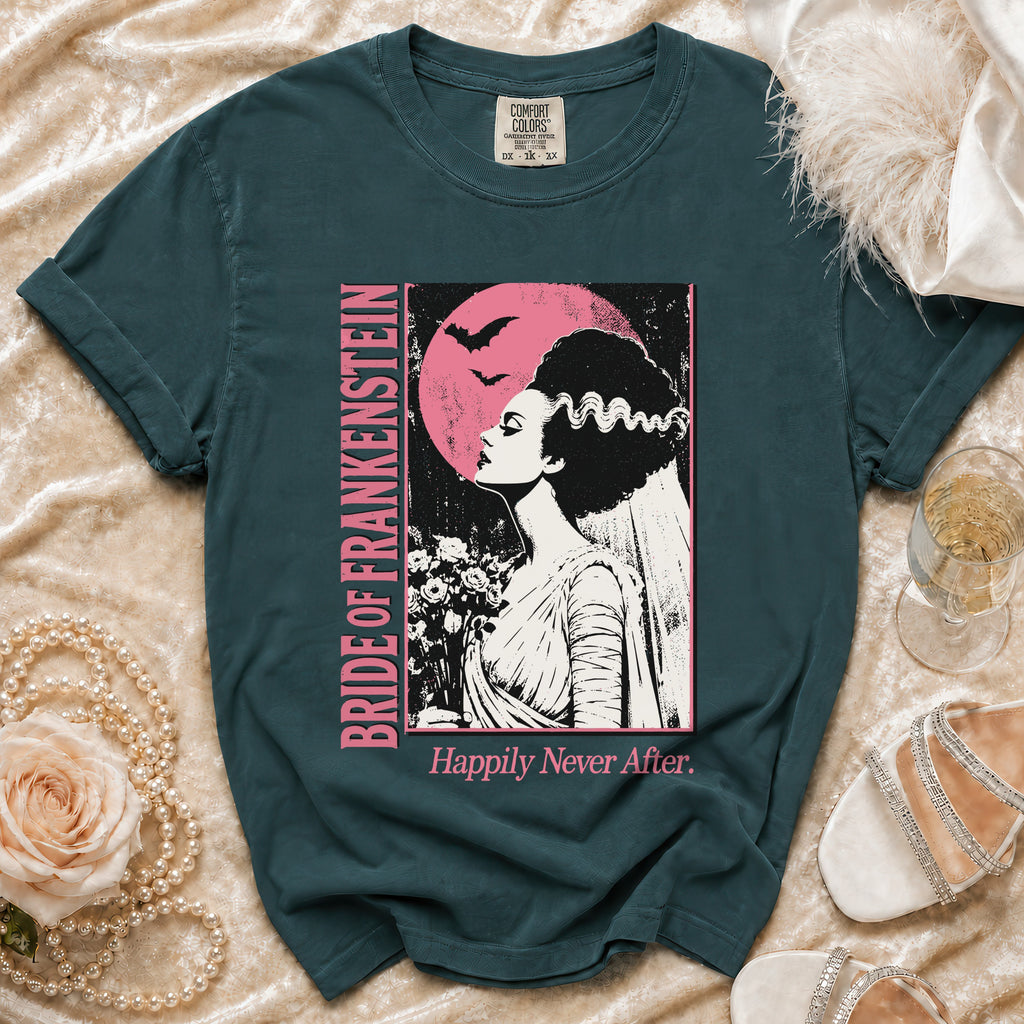 Bride of Frankenstein graphic t-shirt with pink moon and bats, "Happily Never After" text.