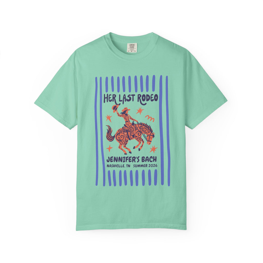 Green t-shirt with "HER LAST RODEO" and "JENNIFER'S BACH" text.