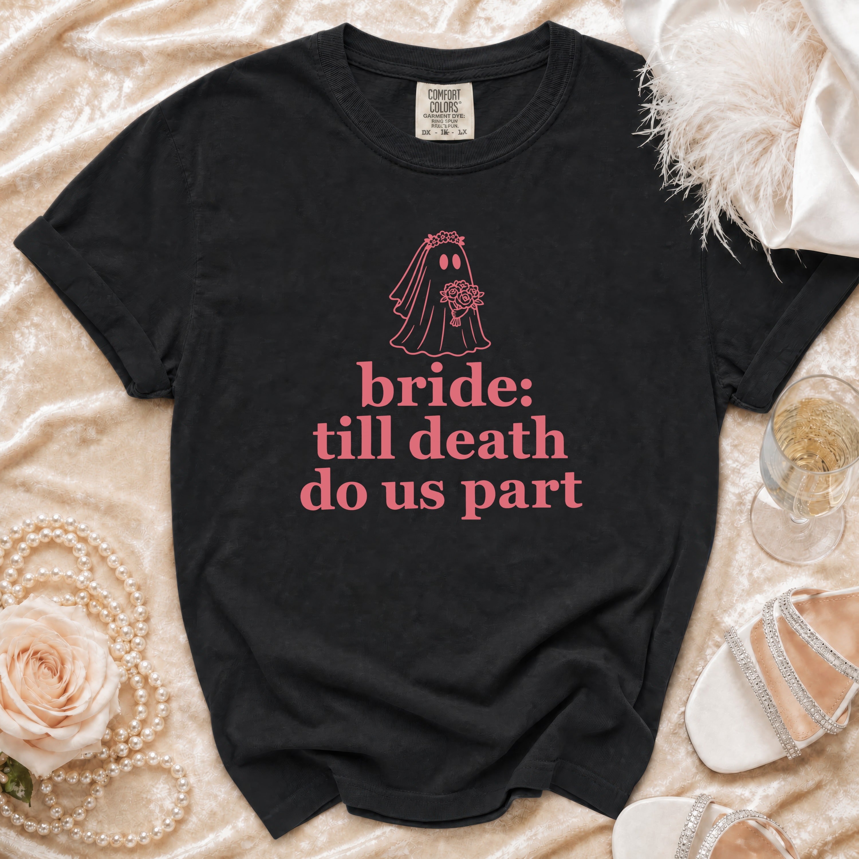 Black t-shirt with pink ghost bride graphic and text "bride: till death do us part".