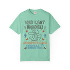 Mint t-shirt with "Her Last Rodeo" and bachelorette details for Nashville.