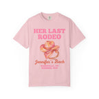 Pink t-shirt with "Her Last Rodeo" and "Jennifer's Bach" in pink text.