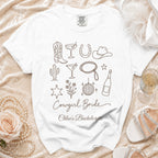 White t-shirt printed with brown outline icons and the text Cowgirl Bride Chloe's Bachelorette.