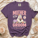 Purple shirt with "Mother of the Groom Spooky Season" ghost graphic.