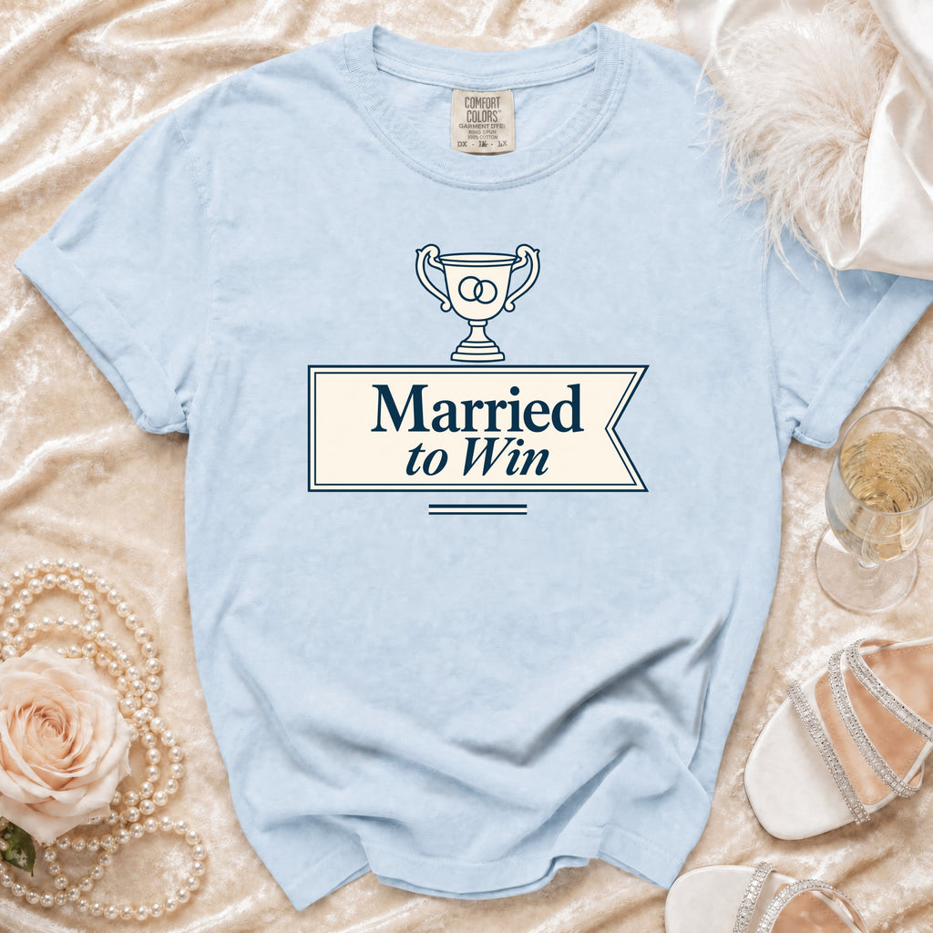 Light blue t-shirt with "Married to Win" text and trophy graphic.