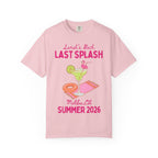 Pink t-shirt with "Sarah's Bach Last Splash Malibu, CA Summer 2026" text and tropical drink.