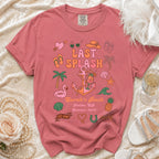 Coral Comfort Colors t-shirt with "Last Splash" and "Sarah's Bach" text and beach graphics.