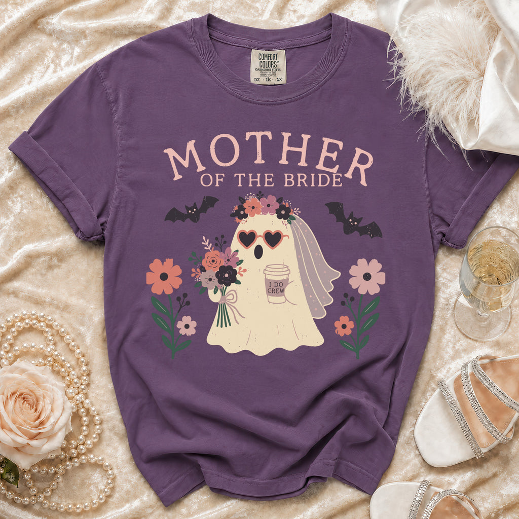 Purple t-shirt with "Mother of the Bride" text and ghost bride graphic.