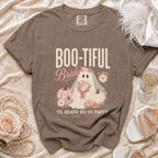 Brown t-shirt with "Boo-Tiful Bride" and ghost graphic.