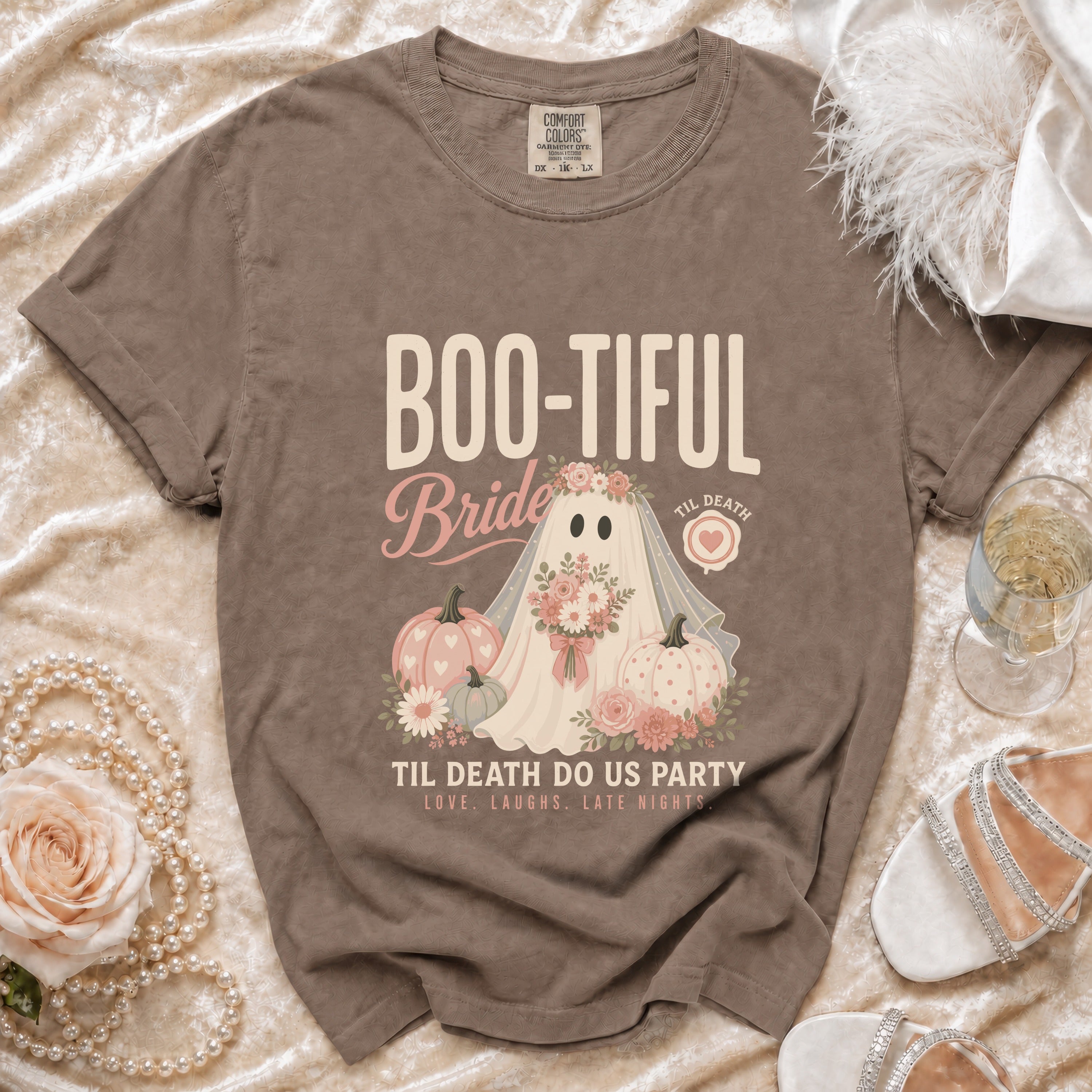 Brown t-shirt with "Boo-Tiful Bride" and ghost graphic.