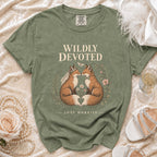 Green t-shirt with "Wildly Devoted Just Married" text and illustrated foxes.