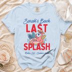 Light blue t-shirt with "Sarah's Bach Last Splash" text and flamingo graphic.