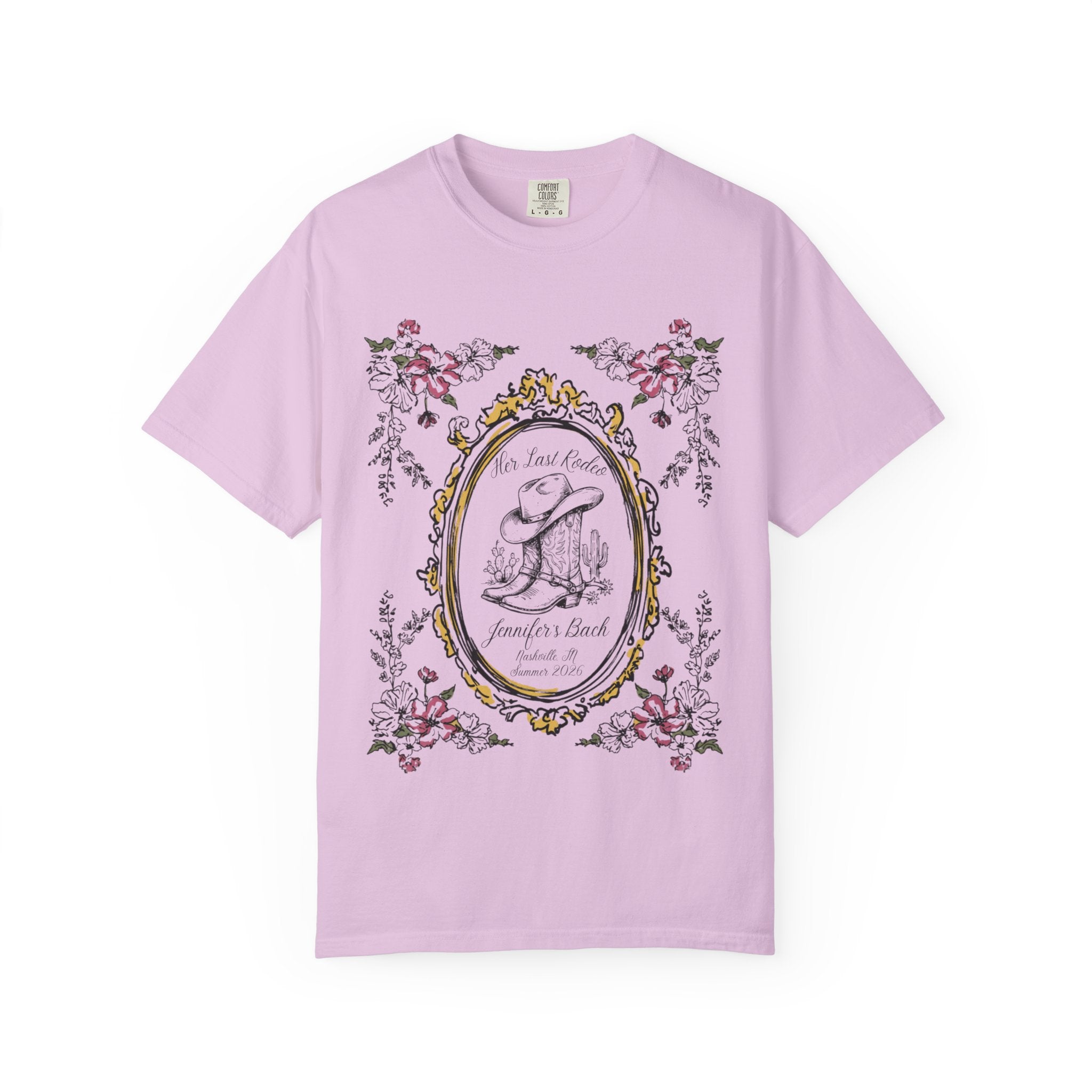 Lavender t-shirt with "Her Last Rodeo" and cowboy boot graphic.