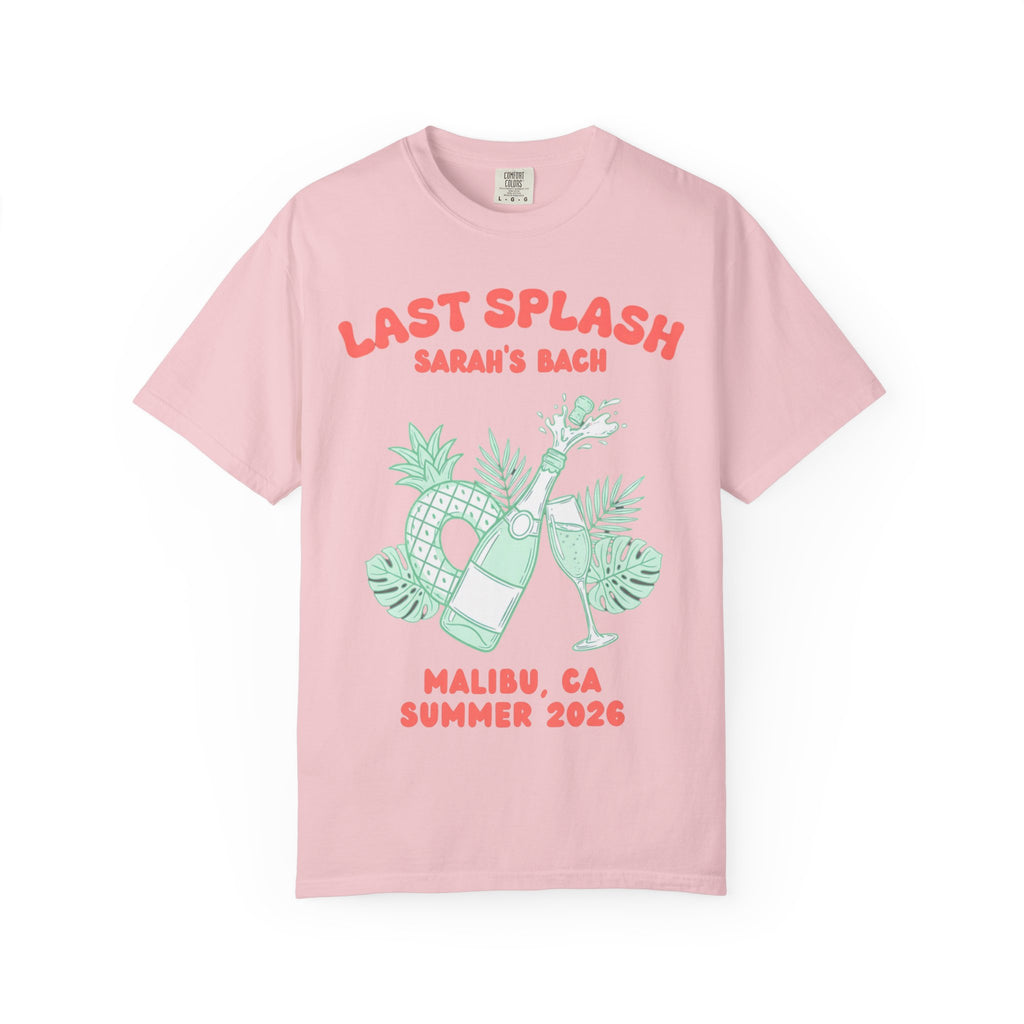 Pink t-shirt with "Last Splash" graphic and "Sarah's Bach" text.