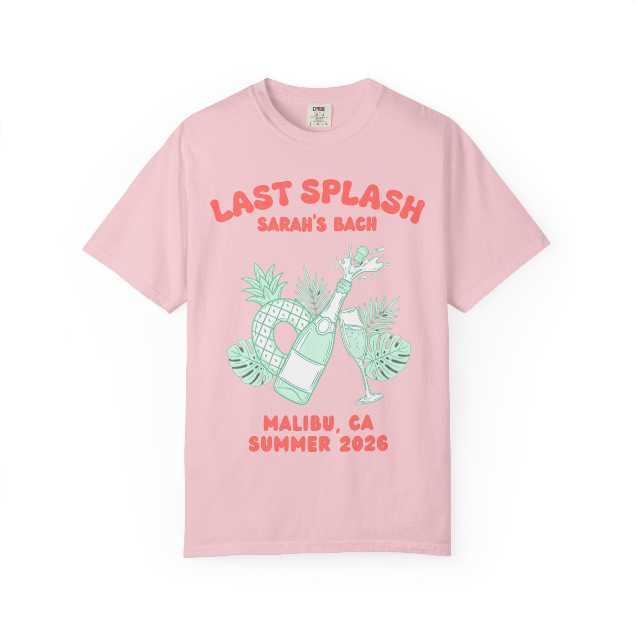 Pink t-shirt with "Last Splash" graphic and "Sarah's Bach" text.