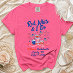 Pink t-shirt with "Red, White & I Do" text and patriotic graphics for a bachelorette.