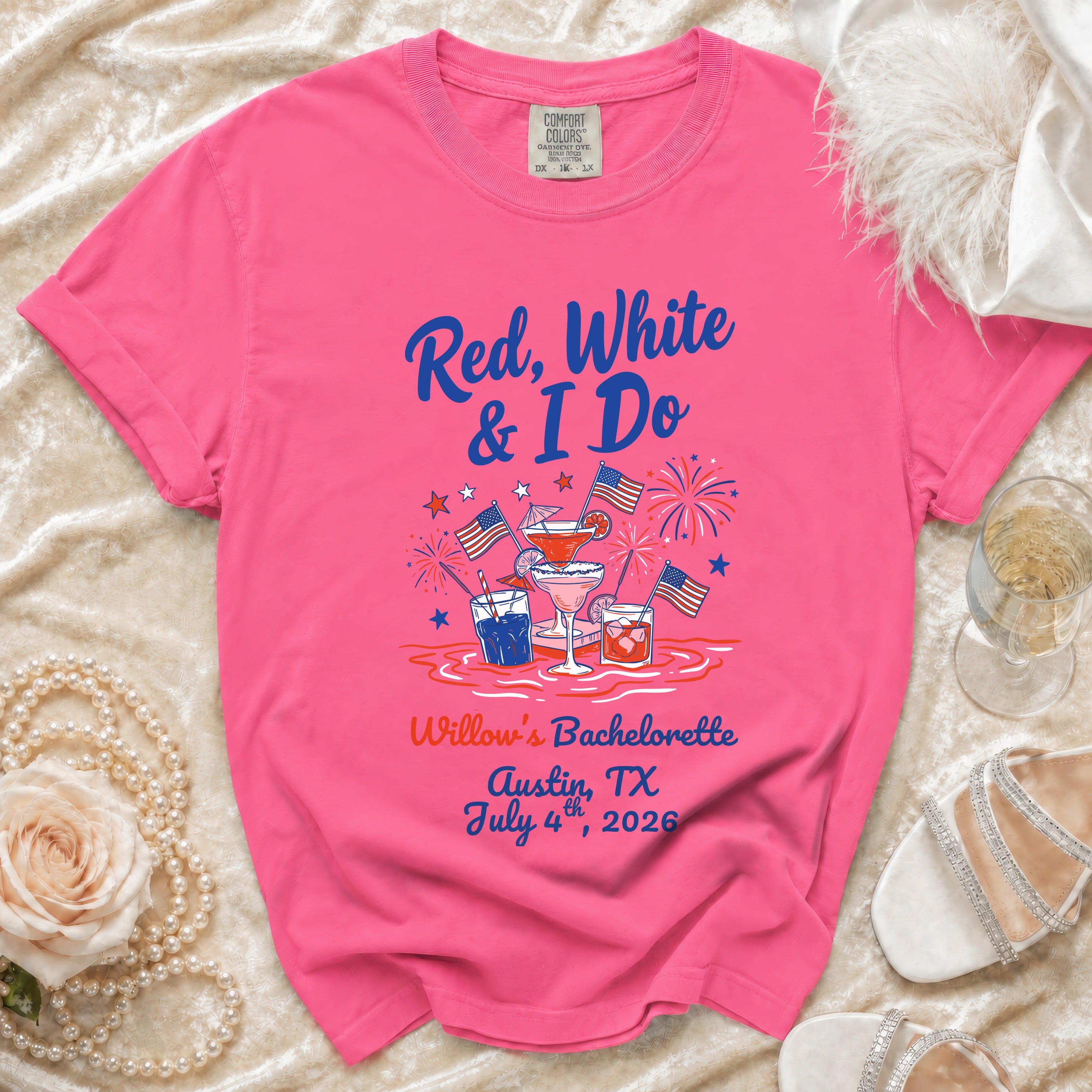 Pink t-shirt with "Red, White & I Do" text and patriotic graphics for a bachelorette.