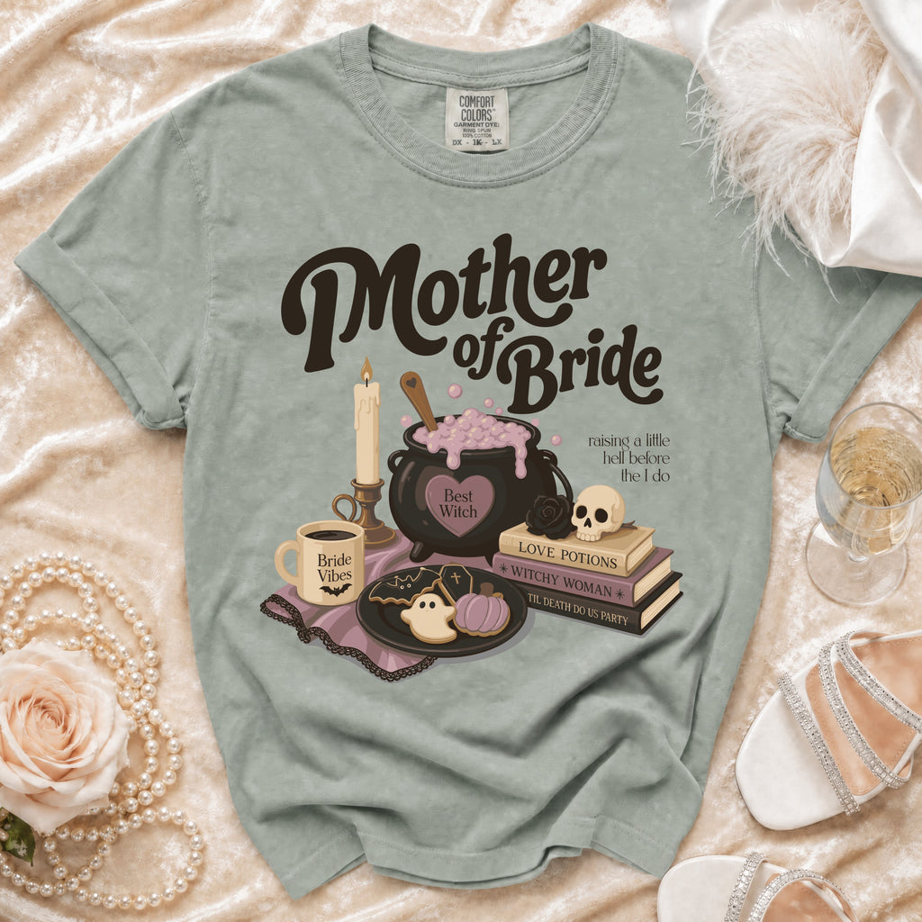 Grey t-shirt with "Mother of Bride" text and witchy-themed graphics.