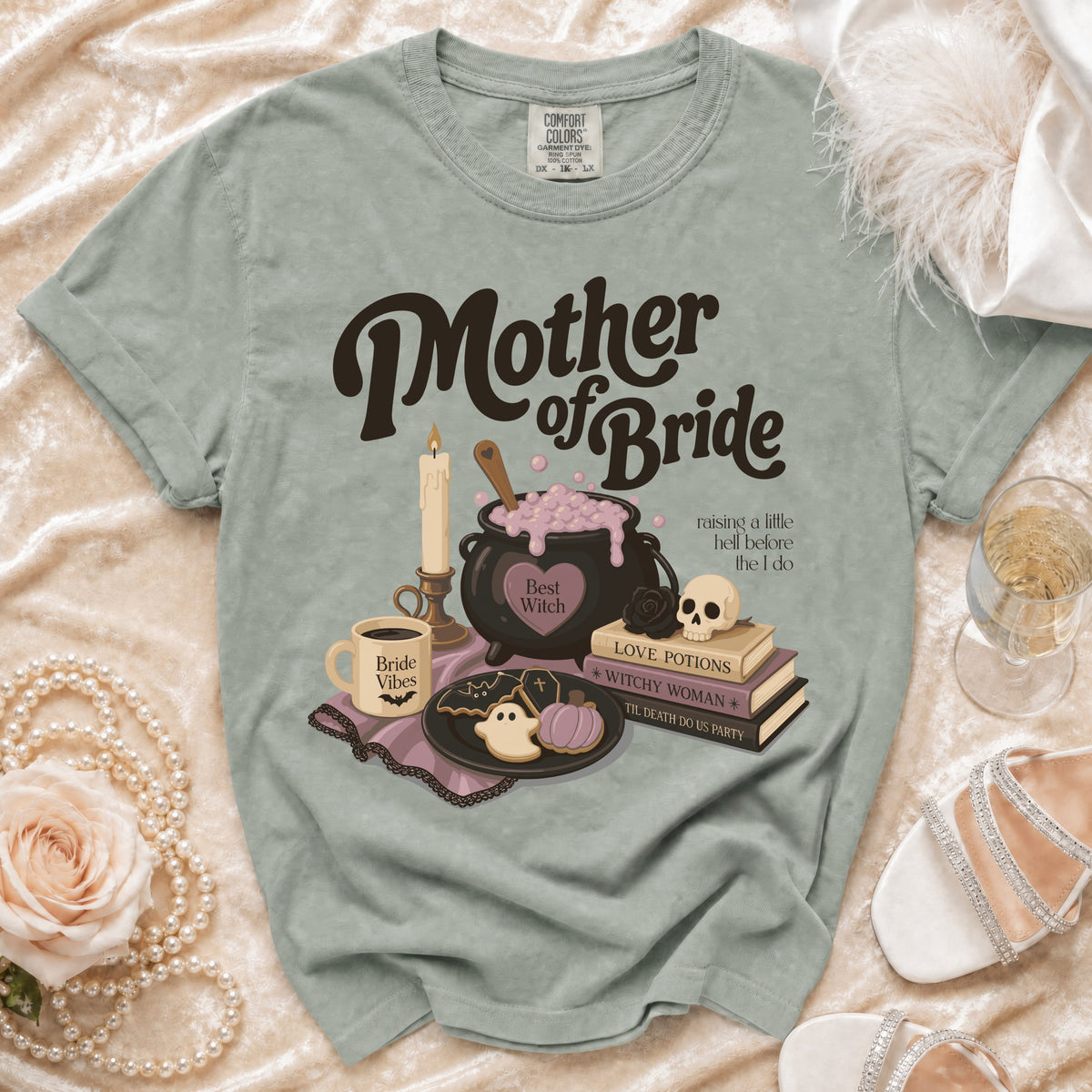Grey t-shirt with "Mother of Bride" text and witchy-themed graphics.