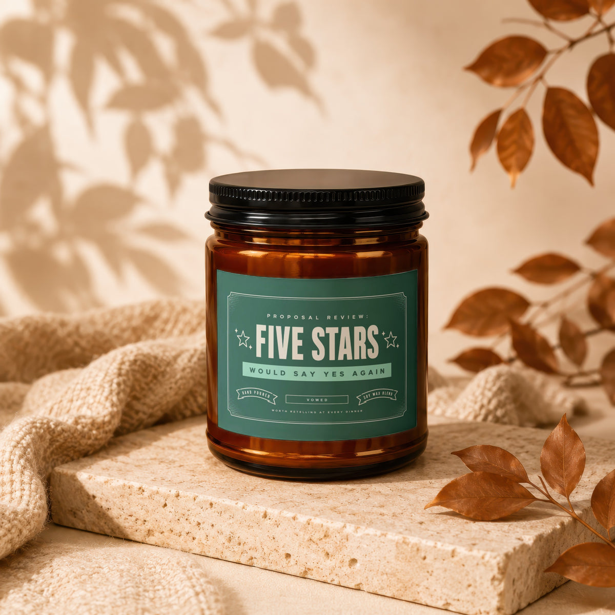 Amber jar candle with teal label that says "Five Stars" and "Would Say Yes Again".