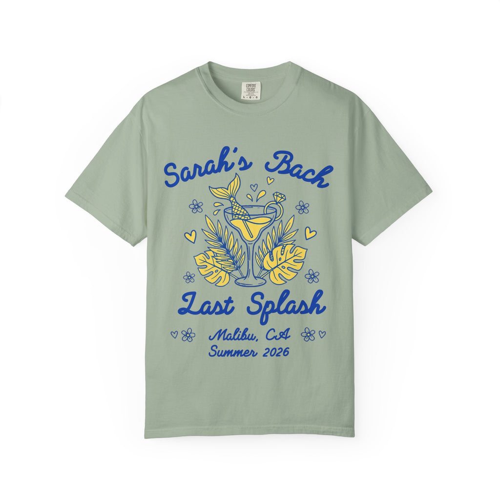 Sarah's Bach Last Splash t-shirt with cocktail and palm leaves.