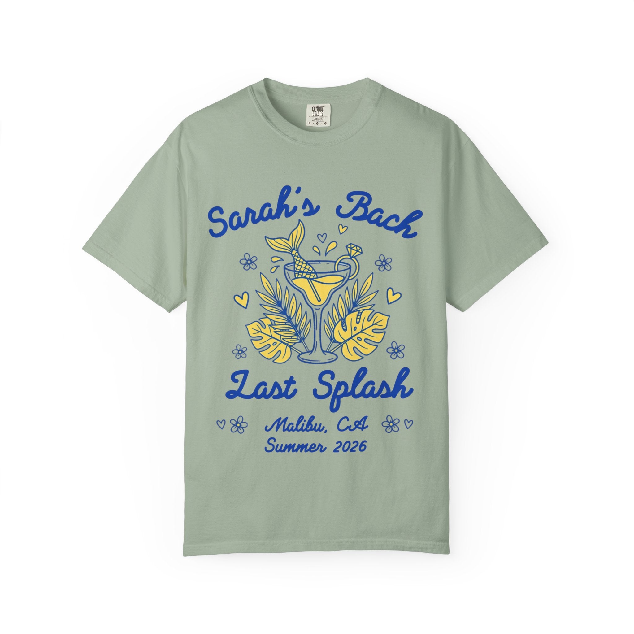 Sarah's Bach Last Splash t-shirt with cocktail and palm leaves.