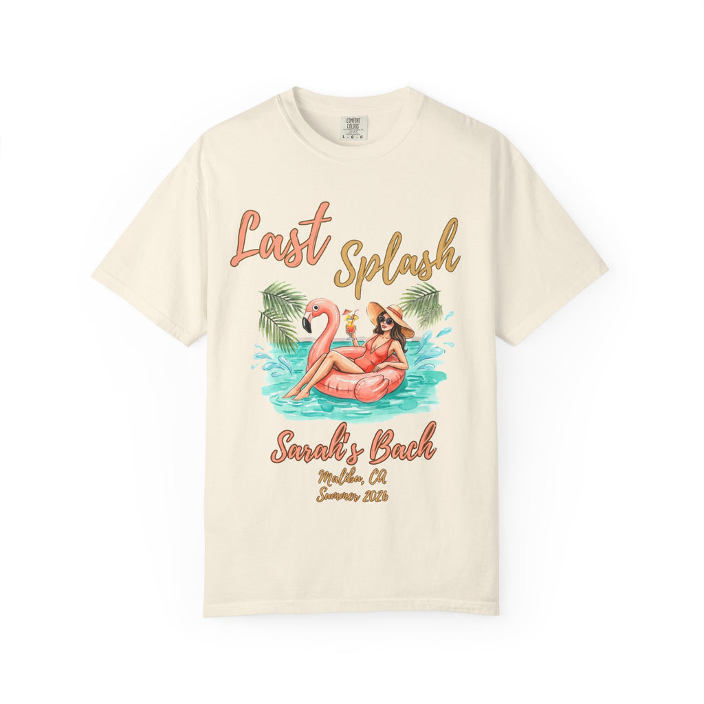 T-shirt with "Last Splash Sarah's Bach" text and woman in pool float.