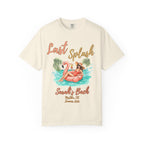 T-shirt with "Last Splash Sarah's Bach" text and woman in pool float.