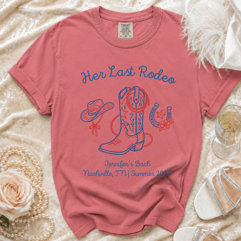 Coral t-shirt with "Her Last Rodeo" and bachelorette details.