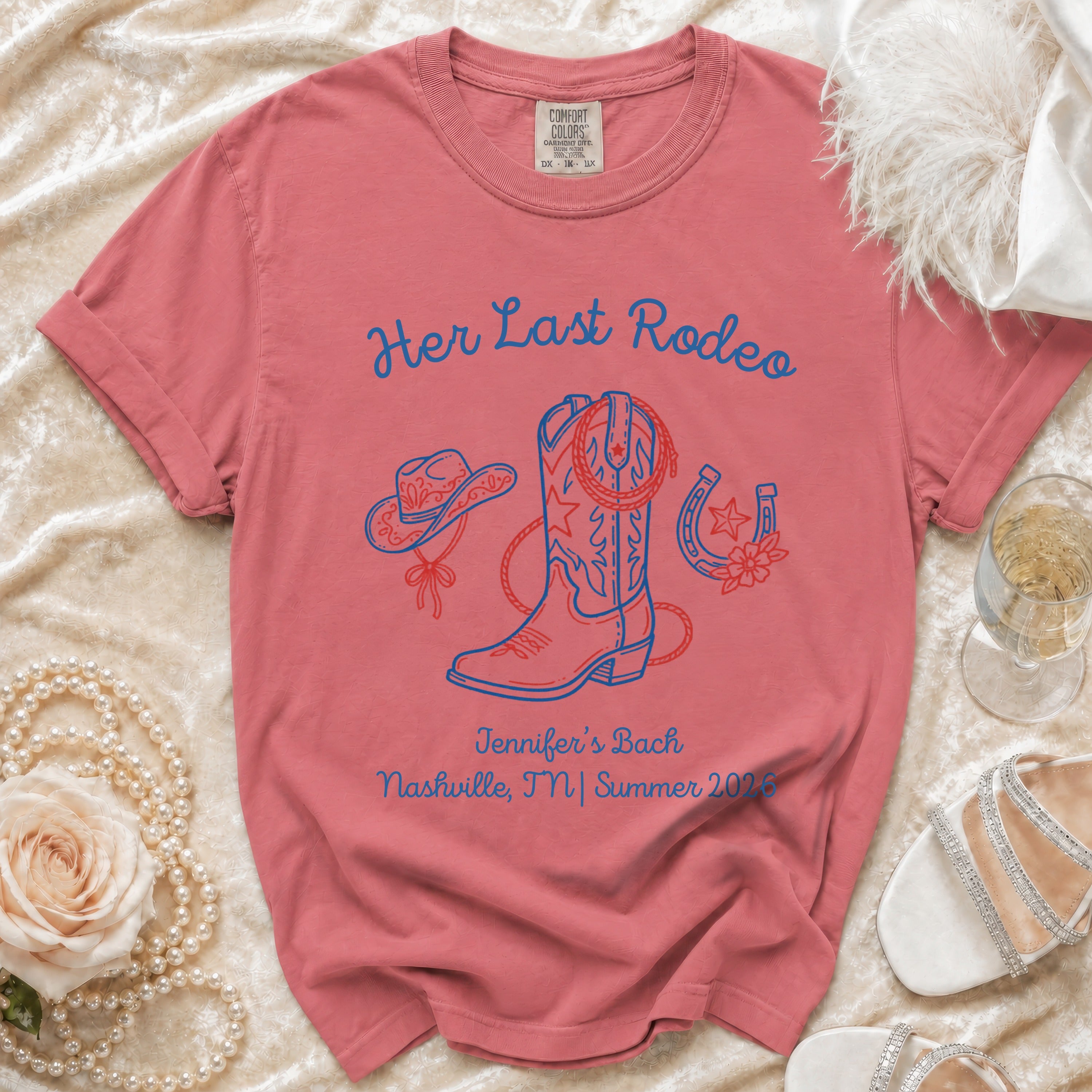 Coral t-shirt with "Her Last Rodeo" and bachelorette details.