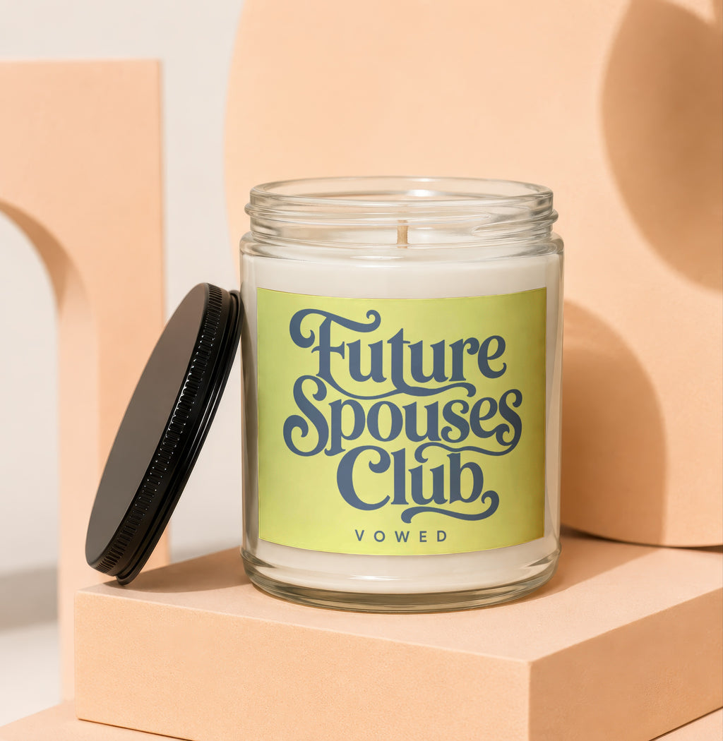 Glass candle with "Future Spouses Club" text on a pale green label.