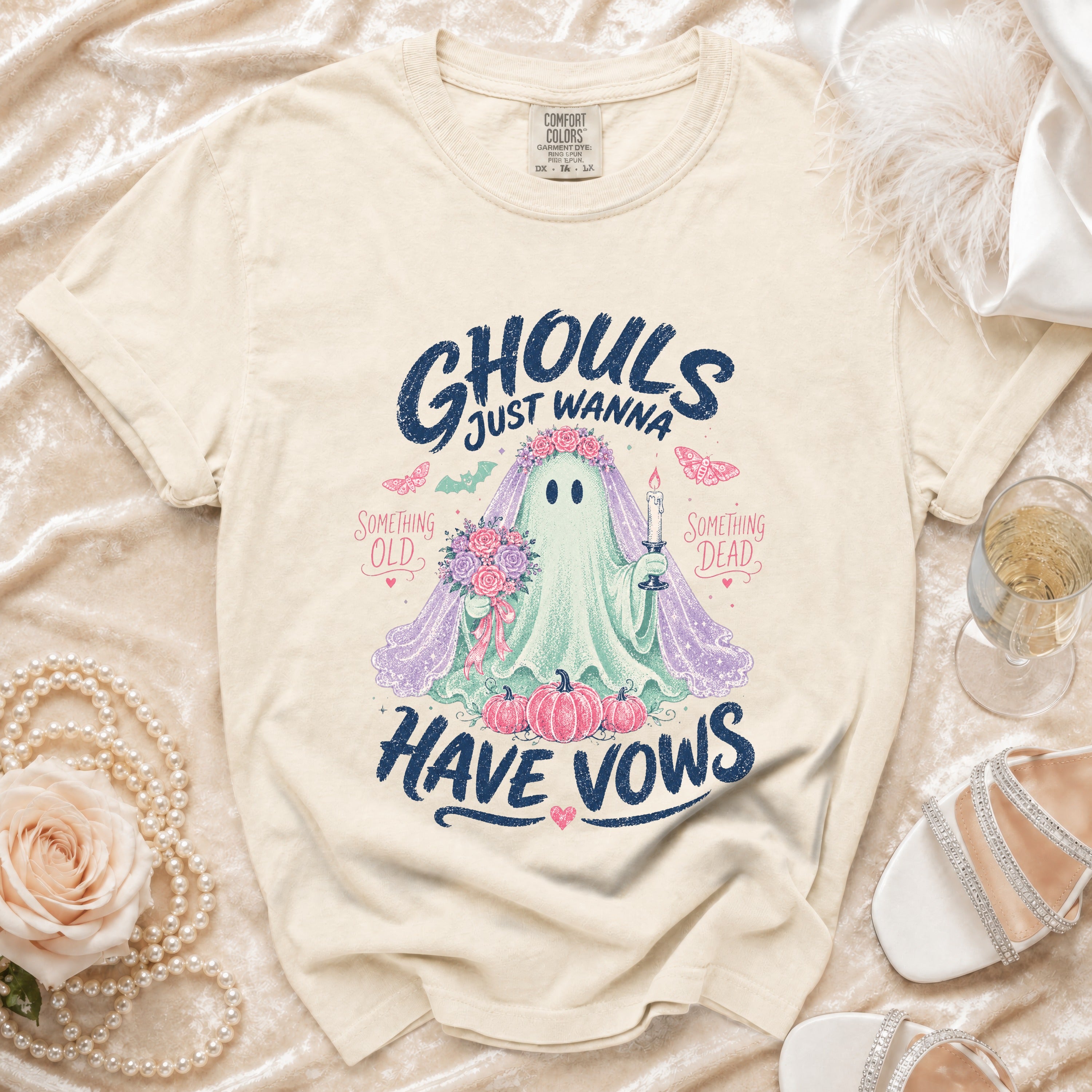 Cream t-shirt with ghost bride illustration saying "Ghouls Just Wanna Have Vows."