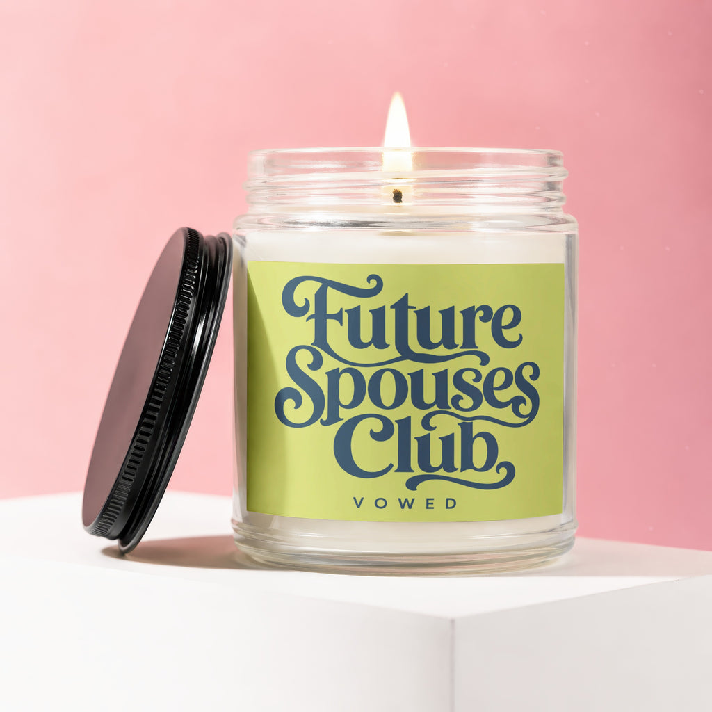 Candle with "Future Spouses Club" and "vowed" text on a lime green label.