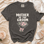 Dark gray t-shirt with "Mother of the Groom" text and floral bouquet graphic.