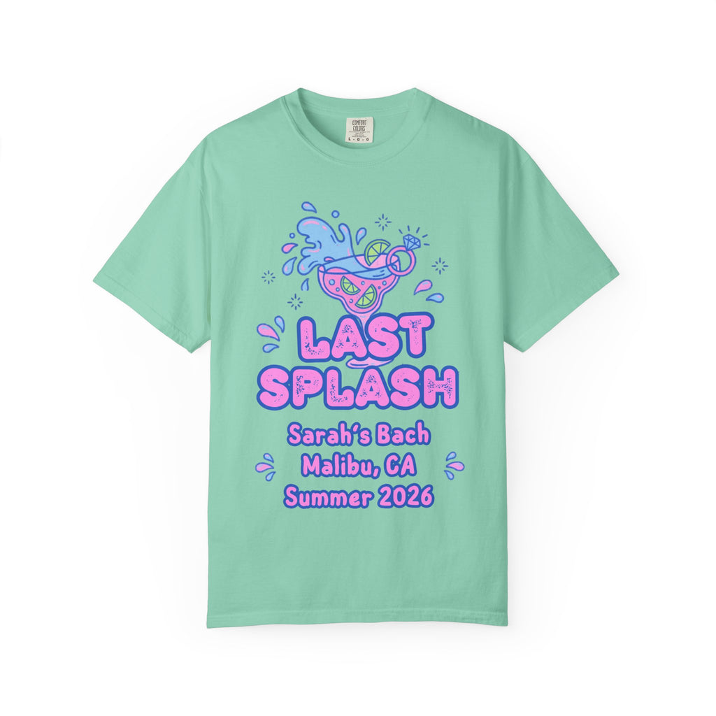 Mint t-shirt with "Last Splash" cocktail graphic, Sarah's Bach, Malibu, CA, Summer 2026.