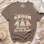 Brown t-shirt with "Mother of the Groom" and bells graphic.