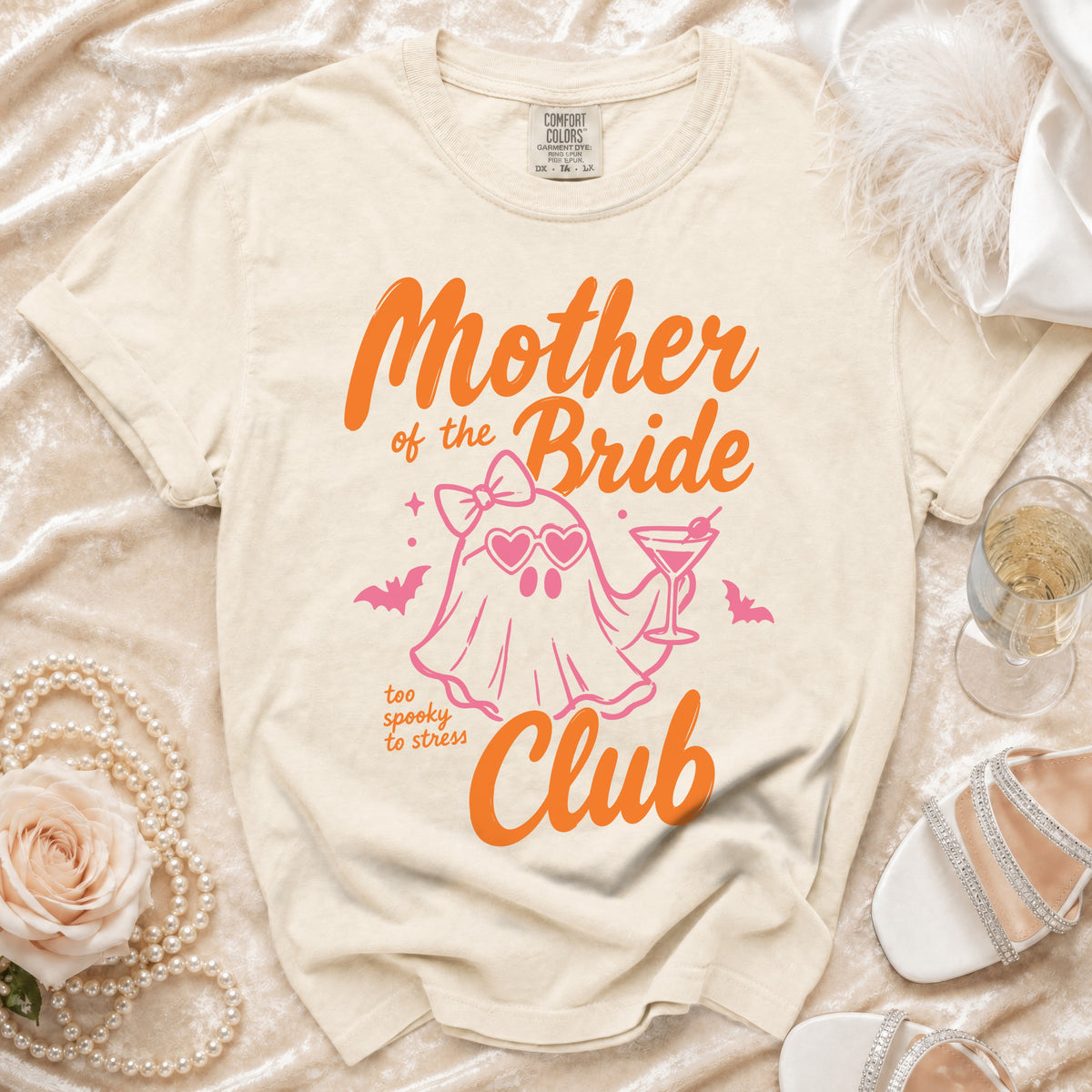 Cream t-shirt with "Mother of the Bride" text and ghost graphic.