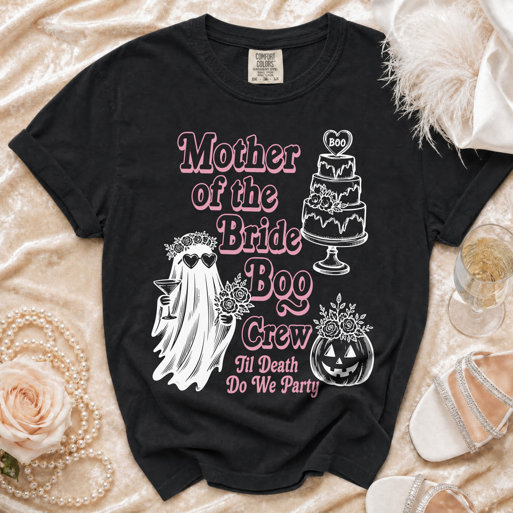 Black t-shirt with "Mother of the Bride Boo Crew" text, ghost, cake, and pumpkin graphics.