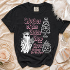 Black t-shirt with "Mother of the Bride Boo Crew" text, ghost, cake, and pumpkin graphics.