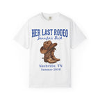 White t-shirt with cowboy boots and text "HER LAST RODEO Jennifer's Back Nashville, TN Summer 2026".