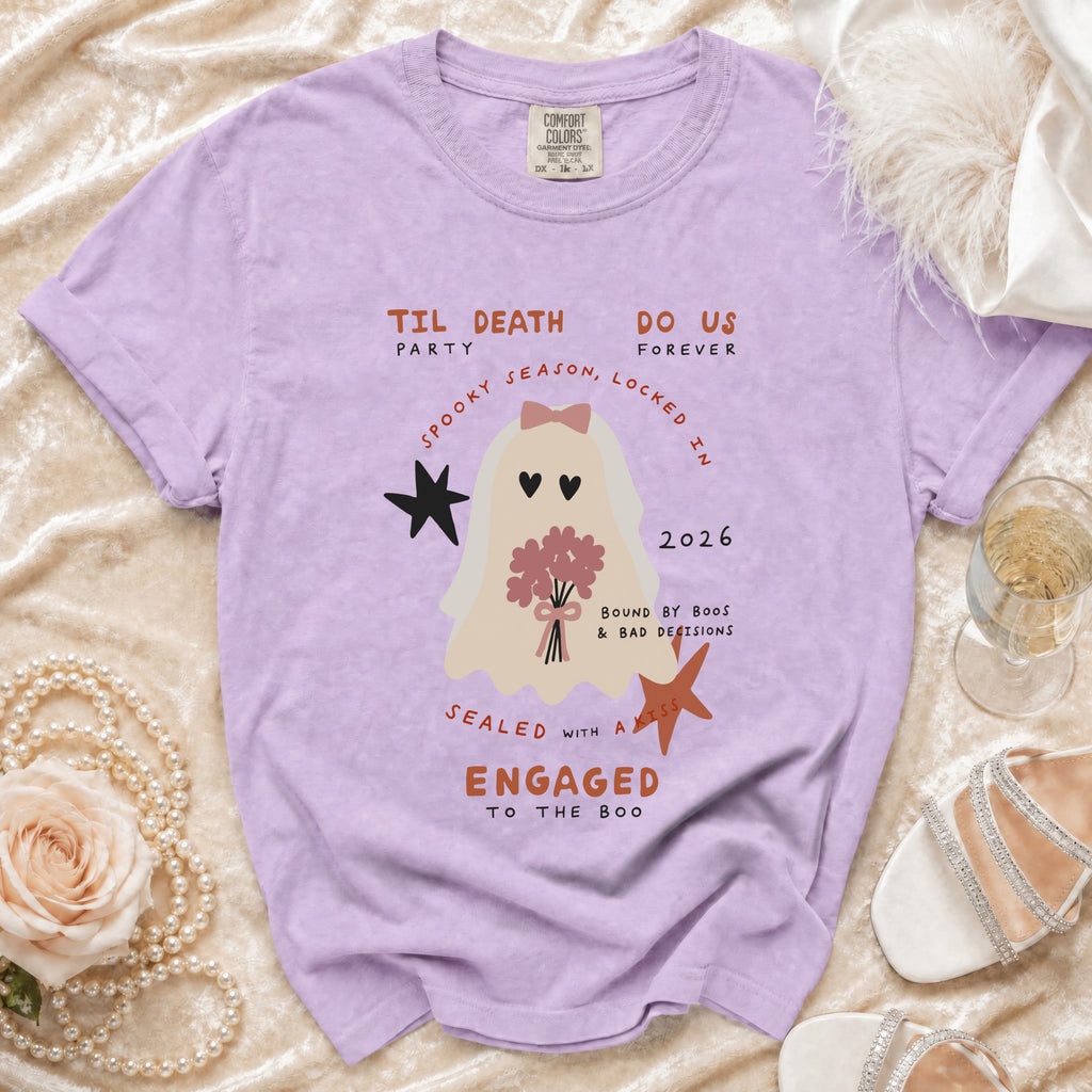 Purple t-shirt with ghost bride graphic and text "Til Death Do Us Party Forever".