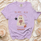 Purple t-shirt with ghost bride graphic and text "Til Death Do Us Party Forever".